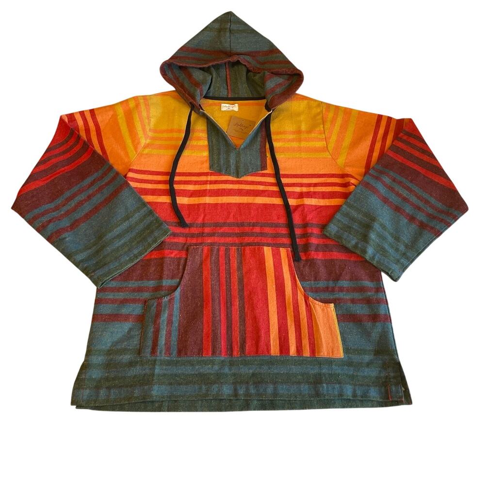 NWT Lakhays Boho Multicolor Strip Beach Striped Hoodie Med/Lg Unisex Orange Blue